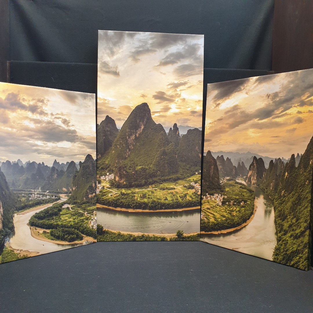 Картина триптих "Горы и река", печать на баннерной ткани, незначительные дефекты на фото. Картинка 1